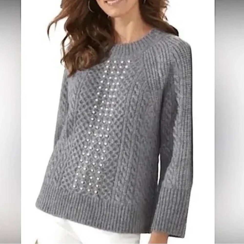Soft Surroundings Gray Pearl Detail Cable Knit Sweater
